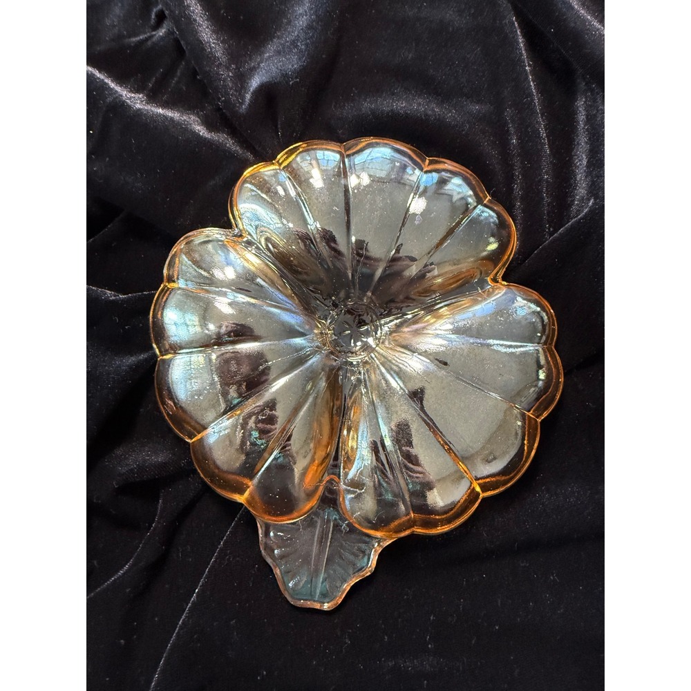 Vintage Marigold Carnival Glass Iridescent Flower Candy Dish Leaf Handle Amber - Picture 2 of 5